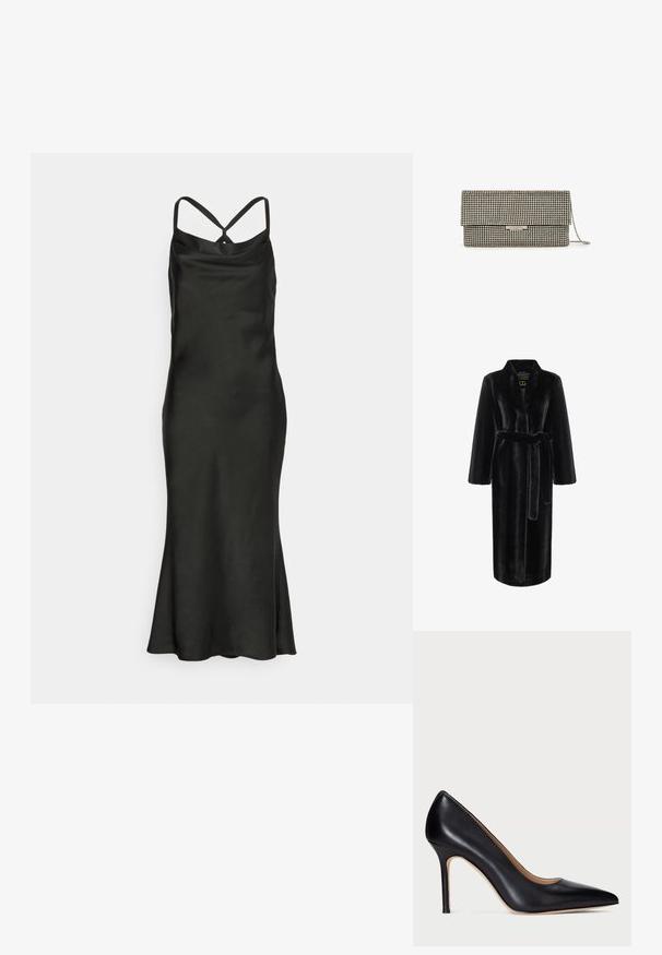 Schwarzer Kunstpelz-Robe mit langen Ärmeln, Taillengürtel und einem Schalkragen. Verfügt über eine glatte Textur und ein knielanges Design.; Jarlo Petite BIBI - Cocktailkleid/festliches Kleid - black; Schwarze Leder-Pumps mit hohem Absatz, spitzem Schuhkopf und schlankem Stiletto-Absatz. Die glatte Textur und die minimalen Details verleihen ein klassisches Design.; Rechteckige silberne Clutch mit Umschlagklappe, bedeckt mit kleinen Strasssteinen, und einem Kettenriemen, der auf der rechten Seite sichtbar ist.