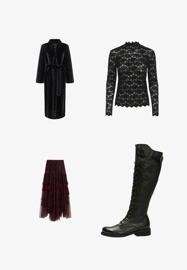 Robe en fausse fourrure noire avec des manches longues, une ceinture à la taille et un col châle. Présente une texture lisse et une coupe au genou.; Haut à manches longues en dentelle noire avec un col haut, motif floral, bords festonnés et texture transparente.; Jupon en tulle bordeaux avec des couches volantes, une taille élastique et des longueurs variées, offrant une texture douce et légère.; Botte en cuir noir hauteur genou avec un laçage à l'avant, œillets en métal argenté et boucle sur le côté. Présente une finition texturée et un talon empilé.