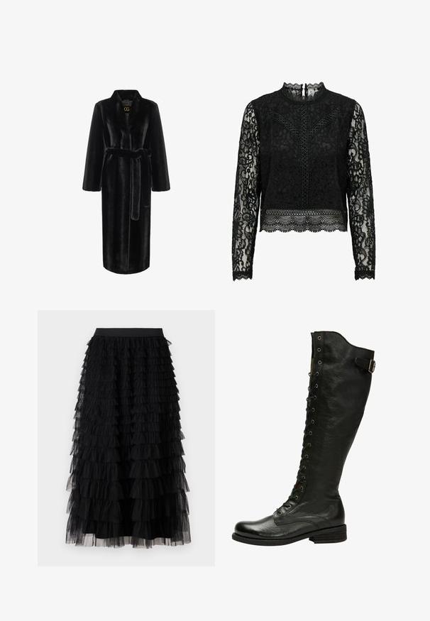 Sort faux fur morgenkåbe med lange ærmer, taljebælte og sjal krave. Har en glat tekstur og knælangt design.; Sort blonde langærmet top med høj hals, indviklede blomstermønstre, bølget kanten og bagknaplukning.; Vero Moda VMNAJA Mid waist Long - Maxinederdele - black; Sorte læder knæhøje støvler med snørebånd foran, sølvøjer og sidebælte. Har en tekstureret overflade og stablet hæl.