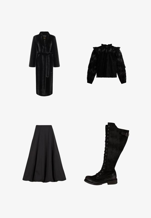Schwarzer Kunstpelz-Robe mit langen Ärmeln, Taillengürtel und einem Schalkragen. Verfügt über eine glatte Textur und ein knielanges Design.; Schwarze Spitzenbluse mit Rüschenschenkel und Ärmeln, elastischen Bündchen und einer Bindeschleife am Hals. Halbdurchscheinender Stoff mit floralem Muster.; Schwarzer, knöchellanger Rock aus glattem Stoff, mit Falten und hoher Taille. Das Design bietet eine fließende Silhouette und reichlich Volumen.; Schwarze knöchelhohe Stiefel aus Wildleder, mit schnürbarer Vorderseite, silbernen Ösen und einem Seitenriemen mit Schnalle. Flaches Absatzdesign.