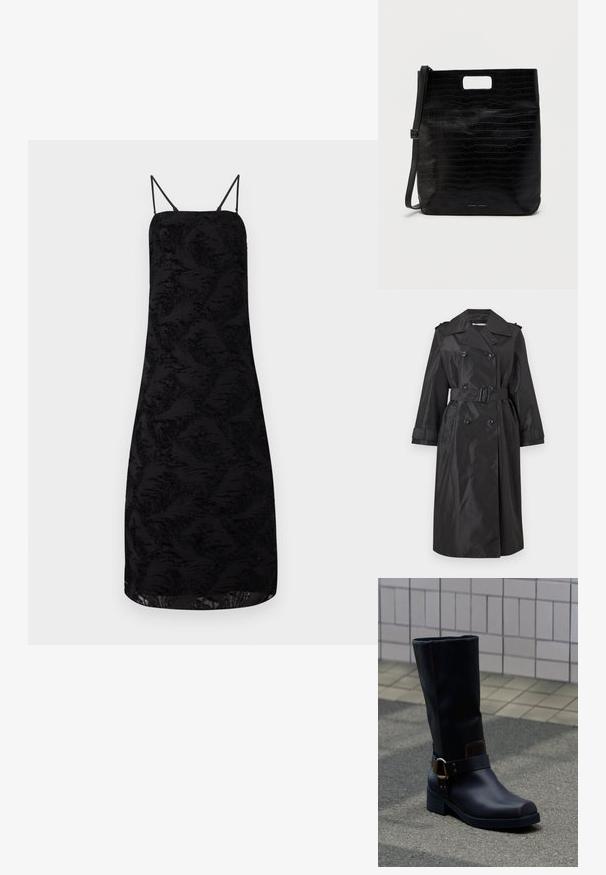 Trench-coat noir à double boutonnage avec grand col, taille ceinturée, épaulettes, manches longues et deux poches avant sur fond blanc.; Robe noire à bretelles spaghetti, avec un tissu texturé à motif floral, longueur genoux et une silhouette droite.; Botte en cuir noire mi-mollet avec un talon bas et une bride décorative avec boucle en métal, posée sur une surface pavée grise près d'un mur carrelé.; Sac fourre-tout en simili cuir noir avec texture crocodile, forme rectangulaire, découpes pour les poignées sur le dessus et bandoulière amovible. Logo de la marque affiché.