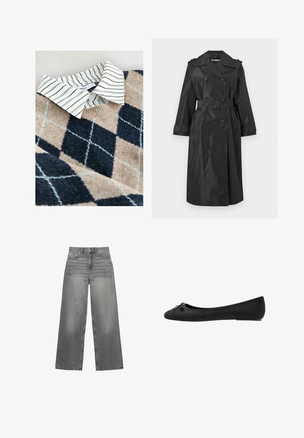 Sort dobbeltradet trenchcoat med bred krave, bælte i taljen, skulderepauletter, lange ærmer og to forlommer mod en hvid baggrund.; Striktrøje med et tan- og navy argyle mønster, en hvidstribet skjorte med krave under, samt et tekstureret, blødt materiale.; Grå brede jeans lavet af denim, med en mellemhøj talje, fem lommer og subtil falmning på benene.; Sorte ruskind ballet flats med rund tå, prydet med en dekorativ sløjfe på forsiden og flad sål. Glat tekstur og klassisk form.