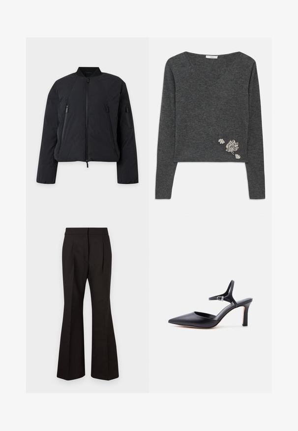 Veste bomber noire avec fermeture éclair devant, deux poches verticales zippées et une poche zippée sur la manche, affichée sur un fond clair.; Pull gris court en tissu tricoté doux, avec un col en V et orné de motifs floraux brodés blancs en bas à gauche.; Pantalons évasés noirs au tissu lisse, dotés d'une taille haute, de poches latérales et de pinces à l'avant pour un détail de design supplémentaire.; Escarpin noir à bout pointu avec fine bride à la cheville et boucle argentée, finition en cuir lisse, chaussure élégante pour femme.