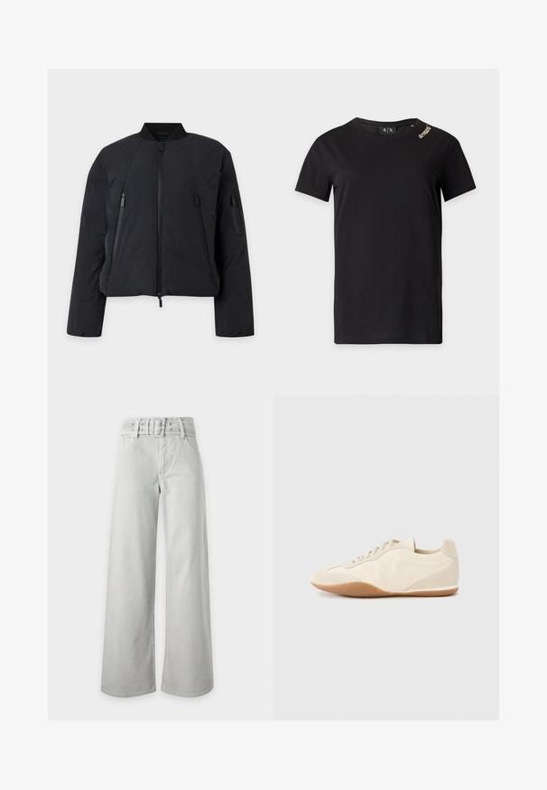 Veste bomber noire avec fermeture éclair devant, deux poches verticales zippées et une poche zippée sur la manche, affichée sur un fond clair.; T-shirt noir à manches courtes avec col rond et petit détail doré près de l'épaule gauche, étiqueté Armani Exchange à l'intérieur du col.; Jean gris clair taille haute à jambes larges, avec poches avant, passants de ceinture et ceinture en tissu assortie avec boucle.; Baskets beige clair avec une tige en cuir texturé, des panneaux latéraux texturés et une semelle en caoutchouc. Dotées d'un design fin et épuré ainsi que de lacets plats.