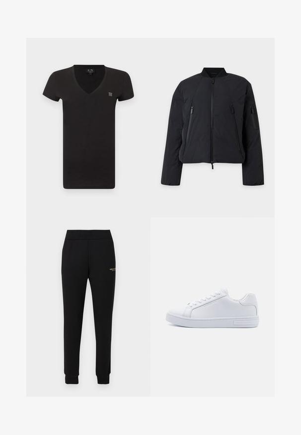 Veste bomber noire avec fermeture éclair devant, deux poches verticales zippées et une poche zippée sur la manche, affichée sur un fond clair.; T-shirt noir à manches courtes avec col en V, petit patch logo sur le côté gauche de la poitrine et étiquette intérieure au niveau de l'encolure.; Pantalon de survêtement noir fuselé avec taille et poignets élastiques, présentant un petit logo doré "Armani Exchange" sur la cuisse droite.; Baskets basses en cuir blanc avec bout rond, semelle en caoutchouc plate et détail de logo sur le côté. Comprend six paires d'œillets et des accents texturés.