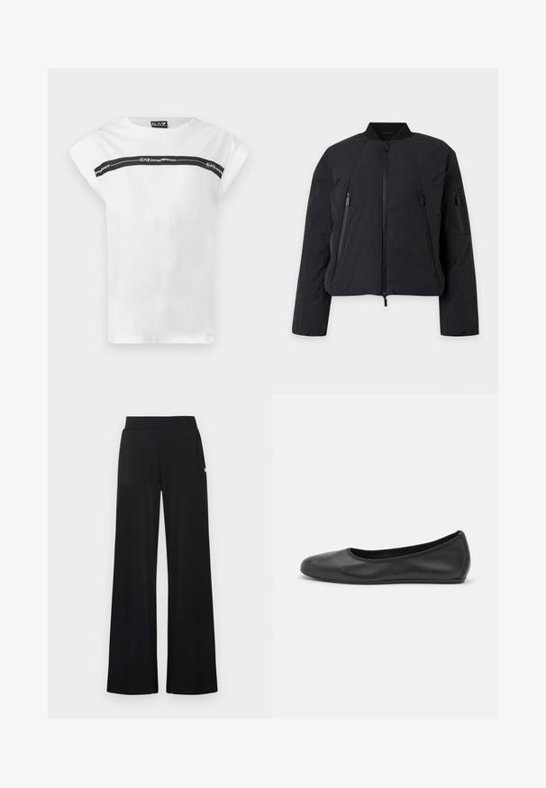 Veste bomber noire avec fermeture éclair devant, deux poches verticales zippées et une poche zippée sur la manche, affichée sur un fond clair.; T-shirt blanc à manches courtes avec une bande horizontale noire sur la poitrine avec la marque "EA7 Emporio Armani".; Pantalon noir à jambes larges avec une taille ajustée, réalisé dans un tissu lisse. Comprend des poches latérales discrètes et des accents matériels minimalistes.; Ballerines en cuir noir avec un bout rond, texture lisse, détails de couture minimalistes et design de semelle flexible.