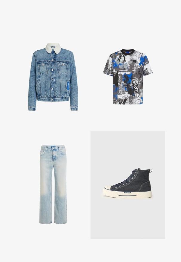 Chaqueta de denim en azul claro con cuello de pelaje sintético blanco, dos bolsillos en el pecho y una etiqueta de marca en el lado. Cierre clásico de botones.; Camiseta de manga corta multicolor en gris, blanco y azul, con patrones abstractos, un escote redondo y un pequeño detalle de logo.; Vaqueros de pierna recta en azul claro con lavado desgastado, cierre frontal con botón y cremallera, y diseño de cinco bolsillos.; Zapatillas altas de denim oscuro con suela de goma crema, con cordones en navy y una pestaña trasera para tirar. Logo en el lateral.