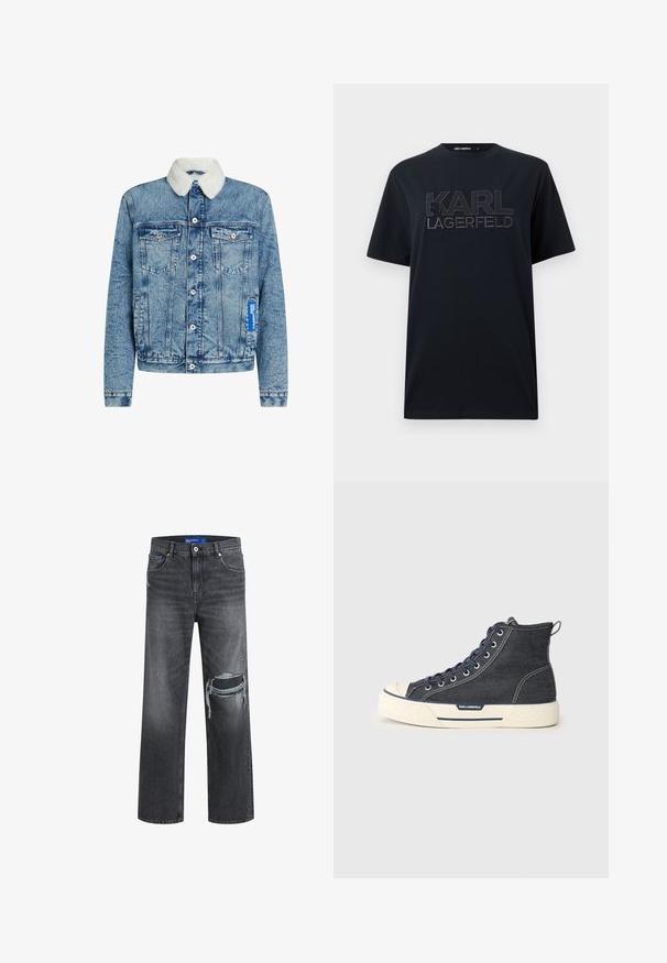 Jeansjacke in Hellblau mit einem weißen Kunstfellkragen, zwei Brusttaschen und einem Markenetikett an der Seite. Klassischer Knopfverschluss.; Schwarzes kurzärmeliges T-Shirt mit großem geprägtem "KARL LAGERFELD" Schriftzug und einer kleinen Profil-Silhouette auf der Brust.; Schwarze Jeans aus Denim mit lockerem Schnitt, featuring einen Used-Look und weitem Bein. Die Textur ist glatt mit dezenten Verblassungen.; Hochschnittige Sneaker aus dunklem Denim mit einer cremefarbenen Gummisohle, ausgestattet mit marineblauen Schnürsenkeln und einer Zuglasche an der Rückseite. Logo an der Seite.