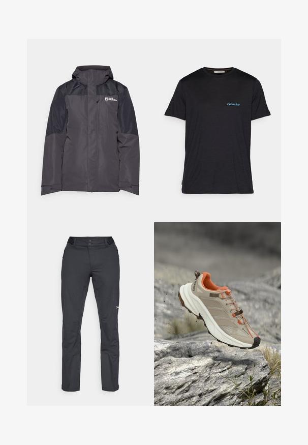 Jack Wolfskin ROMBERG 3IN1 - Outdoorjas - phantom; Zwarte korte mouwen t-shirt van zachte stof, met een klein blauw "icebreaker" logo op de linkerkant van de borst. Normale pasvorm.; Berghaus RIDGE ROAMER - Outdoorbroeken - black; Beige en oranje wandelschoen met dikke zool, GORE-TEX-label en "TERREX"-branding, afgebeeld boven rotsachtig terrein.