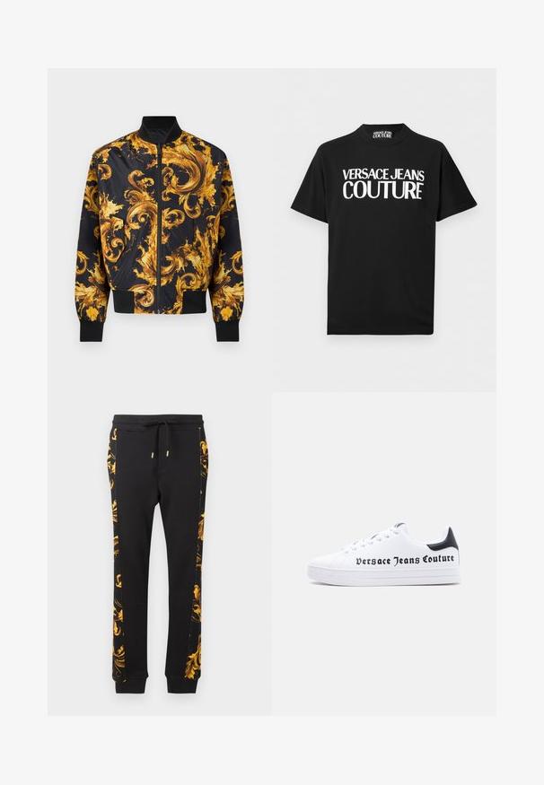 Schwarze Bomberjacke mit leuchtend gelben und goldenen, wirbelnden Barockmustern sowie schwarzen, gerippten Bündchen an Ärmeln, Kragen und Saum.; Schwarzes T-Shirt mit kurzen Ärmeln und auffälligem weißem Schriftzug "VERSACE JEANS COUTURE" mittig auf der Vorderseite sowie einem passenden Etikett im Krageninnenteil.; Schwarze Jogginghose mit einem goldenen Blumenmuster an der Seite, in taillierter Form und mit elastischen Bündchen. Hergestellt aus weichem Baumwollmaterial.; Weißer Sneaker mit niedrigem Schnitt, schwarzem Fersenlasche, Schnürdesign und dem Schriftzug "Versace Jeans Couture" in Schwarz auf der Seite gedruckt.