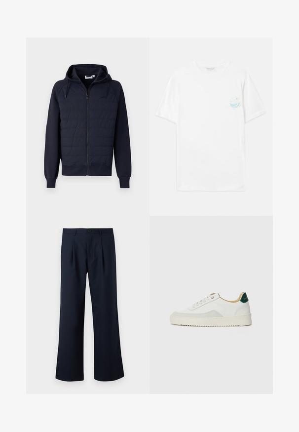 Marineblauwe hoodie met ritssluiting, gemaakt van zachte stof, met een doorgestikte voorkant, een capuchon met trekkoord en geribbelde manchetten en zoom. Minimalistisch logo op de borst.; Witte katoenen t-shirt met korte mouwen, voorzien van een kleine meerkleurige grafische print op de linker borst met golven en de tekst "Out of Plastic."; Marineblauwe broek met een op maat gemaakte pasvorm, wijde broekspijpen, plooien aan de voorkant en een enkele knoopsluiting op de taille. Glad stofoppervlak.; Witte sneaker met suède accenten, ronde neus, platte veters en een crème rubberen zool. Bevat groene branding op de hiel.