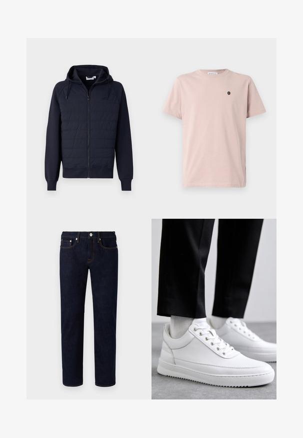 Tmavomodrá mikina na zips z mäkkej tkaniny, s prešívaným predným dielom, kapucňou na šnúrku a rebrovanými manžetami a lemom. Minimalistické logo na hrudi.; Svetloružová krátke rukávy tričko vyrobené z jemného materiálu. Obsahuje malé čierne hexagonálne logo na ľavej hrudi. Priamy strih.; Tmavomodré denimové džínsy s rovnými nohavicami, zdobené oranžovým prešívaním, piatimi vreckami a predným zapínaním na gombík.; Biele kožené tenisky s plochou gumovou podrážkou, s hladkým povrchom, okrúhlou špičkou a kovovými očkami na šnúrky. Nosené s čiernymi nohavicami.