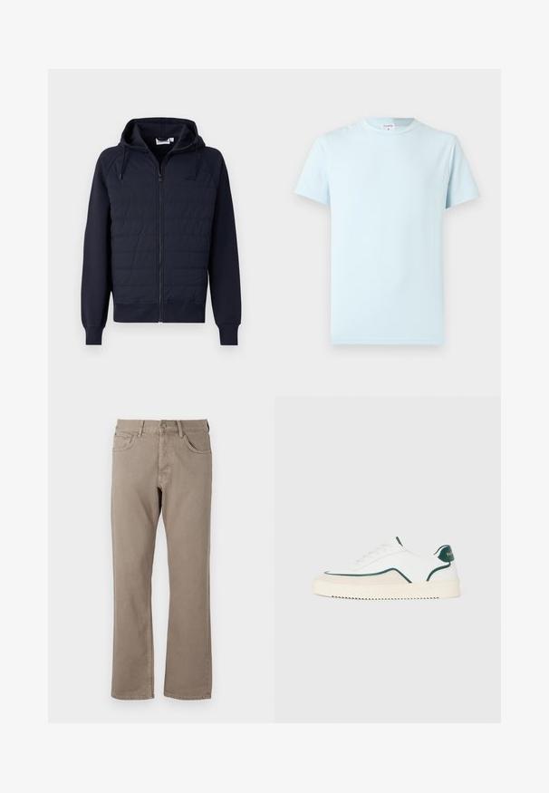 Marineblauer Kapuzenpullover mit Reißverschluss aus weichem Stoff, verfügt über eine gesteppte Vorderseite, eine Kapuze mit Kordelzug sowie gerippte Bündchen und Saum. Minimalistisches Logo auf der Brust.; Hellblaues T-Shirt mit kurzen Ärmeln aus weicher Baumwolle. Verfügt über einen klassischen Rundhalsausschnitt und ein minimalistisches Design ohne Muster oder Verzierungen.; Beige gerade geschnittene Jeans aus Baumwollstoff, mit fünf Taschen, einem Knopf- und Reißverschluss sowie sichtbaren Nähten entlang der Säume.; Weiße Low-Top-Sneaker mit grünen Akzenten, beigen Wildlederdetails und einer cremefarbenen Sohle mit gerilltem Boden.