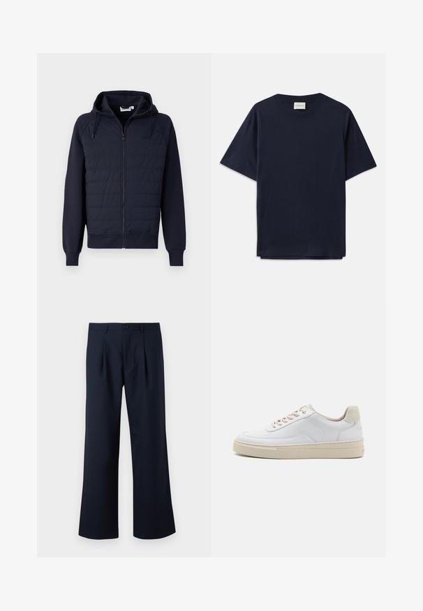 Tmavomodrá mikina na zips z mäkkej tkaniny, s prešívaným predným dielom, kapucňou na šnúrku a rebrovanými manžetami a lemom. Minimalistické logo na hrudi.; Námornícky modré bavlnené tričko s krátkymi rukávmi, okrúhlym výstrihom a voľným strihom. Na výstrihu je označenie "CLOSED". Hladká textura.; Námornícky modré nohavice s prispôsobeným strihom, širokým strihom, prednými záhybmi a jedným gombíkom na zapínanie v páse. Hladká textúra látky.; Biele tenisky s hladkým koženým zvrškom, béžovými šnúrkami a textúrovaným béžovým semišovým pätovým panelom. Zvýšená podrážka pre väčšiu výšku.