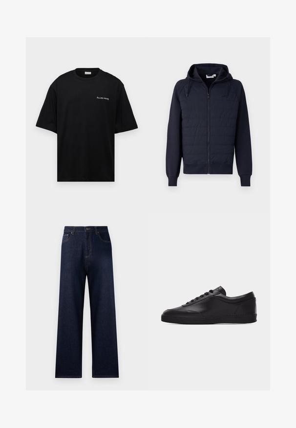 Hoodie zippé marine en tissu doux, avec un devant matelassé, une capuche à cordon et des poignets et ourlet côtelés. Logo minimaliste sur la poitrine.; T-shirt en coton noir avec une coupe décontractée, des manches courtes et un logo blanc "FILLING PIECES" sur la poitrine gauche. Texture lisse.; Jean en denim bleu foncé avec taille haute, jambe large et couture contrastante. Ses caractéristiques incluent des poches avant et une poche arrière.; Baskets basses en cuir noir avec lacets sur le devant et semelle en caoutchouc plate, vues de côté sur un fond blanc uni.