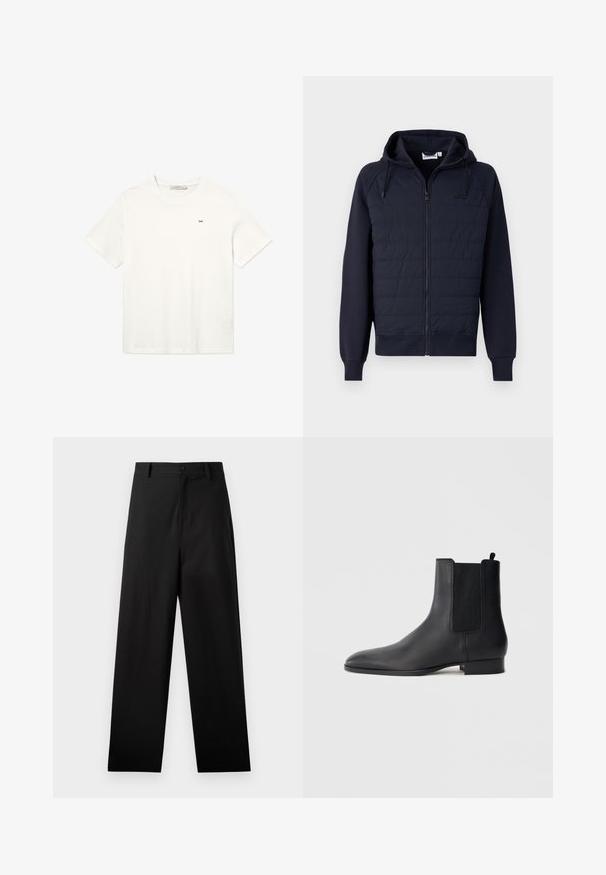 Marineblå lynlåshættetrøje lavet af blødt stof, med quiltet forside, snøre i hætten og ribkant ved ærmer og bund. Minimalistisk logo på brystet.; Hvid bomulds T-shirt med korte ærmer, rund halsudskæring og et lille sort logo på brystet. Simpelt, uudsmykket design.; Sorte bukser lavet af bomuld med lige ben-design, der har en frontknaplukning og sidelommer. Glat tekstur, ingen mønstre.; Sort læder Chelsea-støvle med elastiske sidepaneler og lav stakket hæl, vist i profil på en enkel lys baggrund.