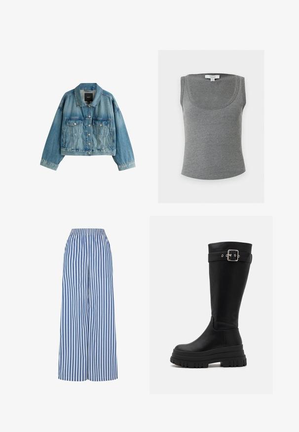 Lichtblauwe spijkerjasje met knoopsluiting, twee borstflappen met klep, twee zijzakken met split en een korte, vierkante pasvorm.; Grijs geribd mouwloos tanktopje met ronde halslijn, met een klein wit Topshop-label aan de achterkant binnen in de kraag.; Wijdlopende broek in blauw-witte verticale strepen, met een elastische tailleband en een lichte stof voor comfort en ademend vermogen.; Zwarte kniehoge laarzen van glad leer met een stevige rubberen zool en een metalen gespaccent op de bovenste band.