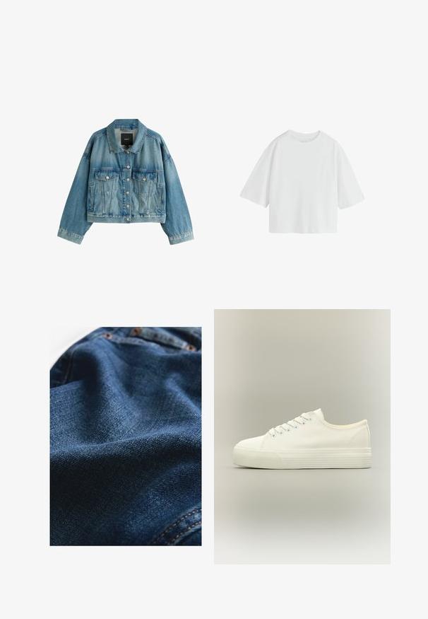 Lyseblå denimjakke med knaplukning, to brystlommer med klap, to sidelommer med slidser og en kort, boxy pasform.; Simpel hvid oversized T-shirt med korte ærmer, rund hals og løs pasform.; Denimstof i mørkeblå, med en glat tekstur og subtile vævningsvariationer samt kontrasterende syningsdetaljer.; Hvid lavtop lærreds-sneaker med snørelukning foran og tyk, tekstureret gummisål på en neutral baggrund.