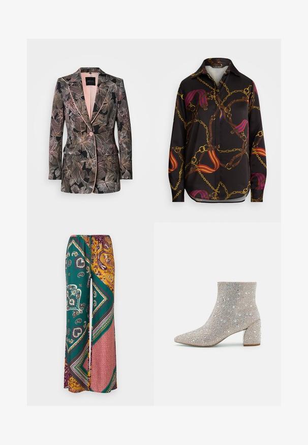 Blazer à motif floral en tissu noir, avec des accents rose pâle, un revers cranté, une fermeture à un bouton et deux poches avant.; Chemise noire à manches longues présentant un motif de chaînes et de sangles en or, rouge et bleu. Elle dispose d'un col classique et d'un ourlet arrondi.; Pantalon large ample avec un imprimé patchwork paisley et géométrique en vert, moutarde, bordeaux et rouge, doté d'une taille élastique et d'un cordon de serrage.; Blue by Betsey Johnson Bottines - silver-coloured