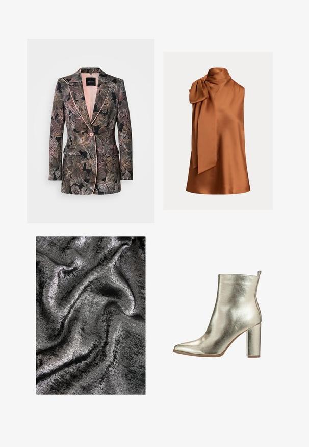 Blazer med blomsterprint i sort stof, med bløde pink accenter, notch revers, enkelt knaplukning og to forlommer.; Ærmeløs satin top i brændt orange med høj hals og stor bundet sløjfe på venstre skulder.; Sort og sølv struktureret stof med en glitrende finish, der har glatte, flydende bølger og en subtil glans.; Metallic guld ankelstøvle med spids tå, glat tekstur og en chunky høj hæl. Har en løkke bagpå for nem påtagning.