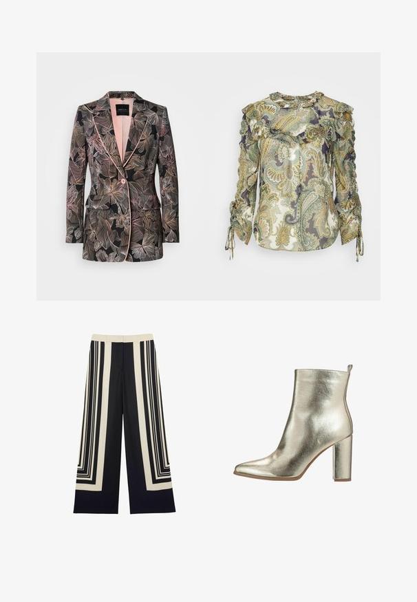 Blazer med blomsterprint i sort stof, med bløde pink accenter, notch revers, enkelt knaplukning og to forlommer.; Veronica Beard HOWELL BLOUSE - Bluse - green; Bukser med vide ben i sort og creme med geometrisk mønster af lodrette og rektangulære striber, fladt frontstykke og taljebånd.; Metallic guld ankelstøvle med spids tå, glat tekstur og en chunky høj hæl. Har en løkke bagpå for nem påtagning.
