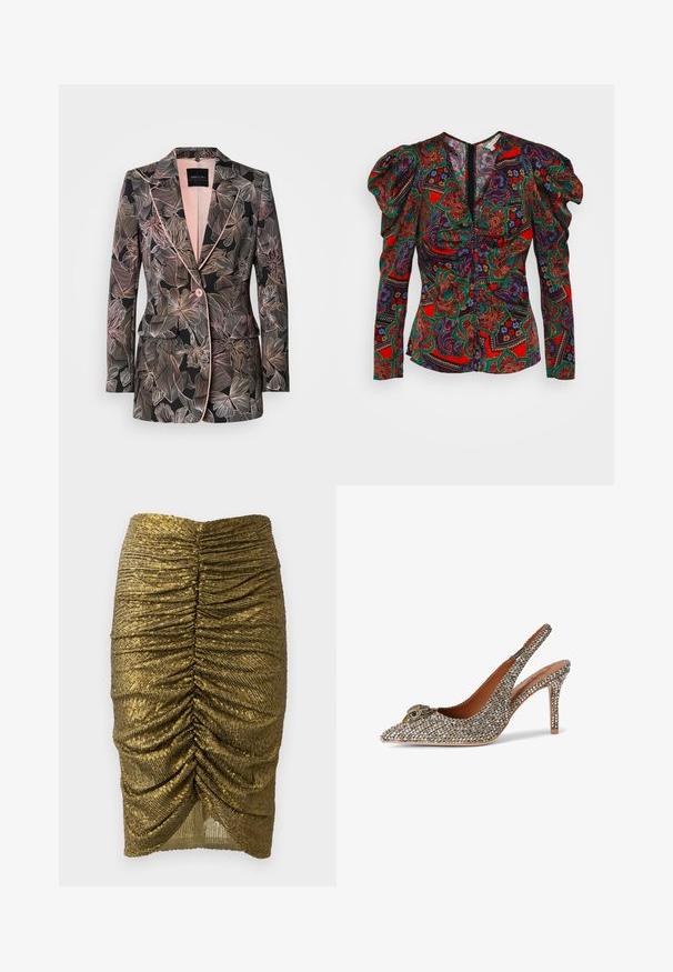 Blazer à motif floral en tissu noir, avec des accents rose pâle, un revers cranté, une fermeture à un bouton et deux poches avant.; Veronica Beard SIMMONS - Blouse - flame red multi; Jupe crayon en sequins dorés avec des détails froncés à l'avant et à l'arrière, présentant une surface texturée et un ourlet qui se rétrécit vers le bas.; Chaussure à talon haut à bout pointu et bride arrière, recouverte de petits cristaux scintillants avec une tête d'oiseau décorative dorée sur l'avant.