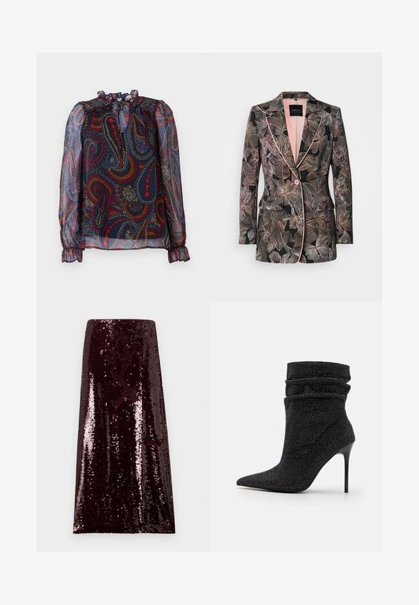 Blazer med blomsterprint i sort stof, med bløde pink accenter, notch revers, enkelt knaplukning og to forlommer.; Gennemsigtig bluse med en flæsekrave og pufærmer. Har et flerfarvet paisley-mønster på en mørk baggrund. Elastiske manchetter.; Burgunderfarvet palietnederdel med tætsiddende silhuet, glat tekstur og blank finish, der fremhæver glitrende palietter over hele overfladen.; Sort ankelstøvle lavet af tekstureret stof med en slouchy design, spids tå og en glinsende stiletto hæl. Har skinnende detaljer.