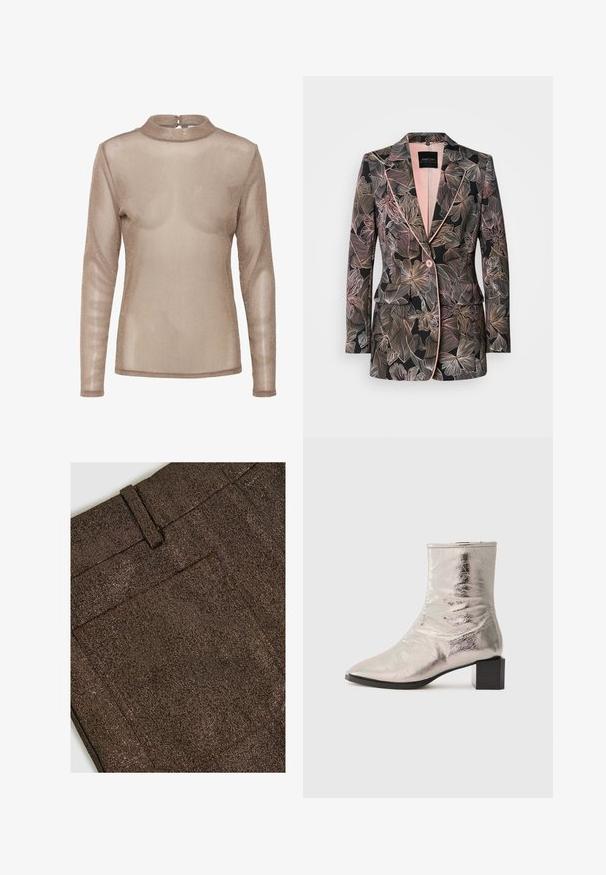 Blazer à motif floral en tissu noir, avec des accents rose pâle, un revers cranté, une fermeture à un bouton et deux poches avant.; Haut à manches longues et transparent de couleur marron clair avec un léger effet brillant. Il présente un col haut et une fermeture à boutons au dos. Texture douce et légère.; Tissu brun texturé avec un éclat métallique, comprenant une poche arrière et une passante de ceinture à la taille.; Bottine argent métallique avec un bout pointu et un talon bloc. Texture lisse, design épuré et détails de couture minimalistes.