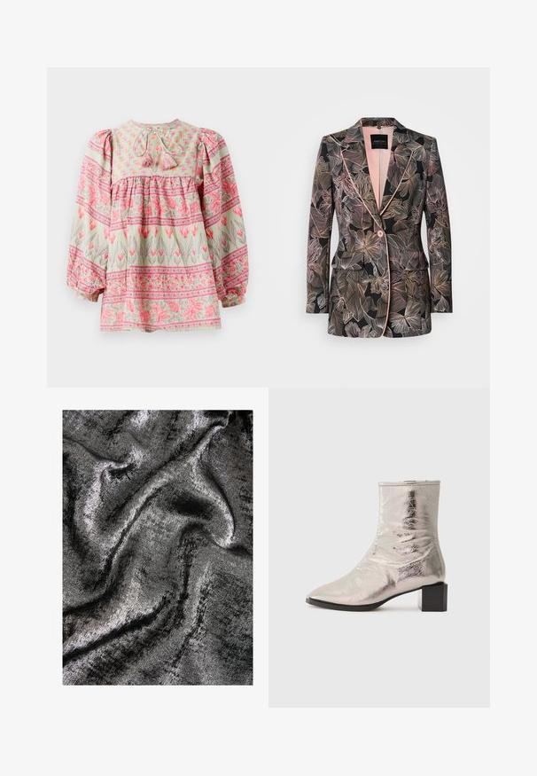 Blazer mit Blumenmuster aus schwarzem Stoff, mit zarten rosa Akzenten, Revers mit Kerbe, Ein-Knopf-Verschluss und zwei Vorder- taschen.; Bluse mit floralen Mustern in Hellgrün mit rosa und weißen Akzenten, featuring ein gerafftes Oberteil und Puffärmel, im Rücken mit Quasten gebunden.; Schwarzer und silberner strukturierten Stoff mit schimmerndem Finish, der glatte, fließende Wellen und einen subtilen Glanz aufweist.; Metallisch silberner Knöchelstiefel mit spitzer Zehe und Blockabsatz. Glatte Textur, elegantes Design und minimalistische Nähdetails.