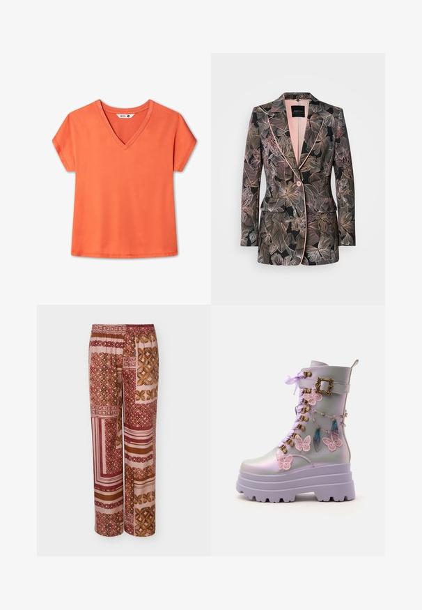 Blazer à motif floral en tissu noir, avec des accents rose pâle, un revers cranté, une fermeture à un bouton et deux poches avant.; T-shirt orange à manches courtes avec col en V, étiquette taille moyenne, design uni et ourlet cousu.; Pantalon large et ample avec une taille élastique, présentant des motifs patchwork dans des nuances de rose, rouge et marron avec des motifs géométriques et floraux.; Botte plateforme lavande épaisse avec des lacets ruban lilas, des boucles dorées et des décorations roses en forme de papillon et de plume sur le côté.