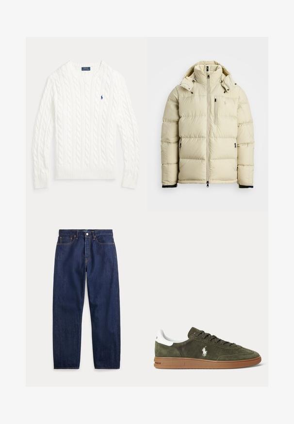 Veste matelassée beige clair avec un col haut, capuche amovible, fermeture éclair sur le devant et deux poches latérales. Présente des panneaux cousus et un logo.; Pull en coton blanc à maille torsadée, col rond, manches longues, poignets et ourlet côtelés, avec petit logo Polo Ralph Lauren bleu sur la poitrine.; Jean en denim bleu foncé avec jambes droites, cinq poches, fermeture par bouton et coutures visibles.; Baskets en daim vert olive avec semelle en caoutchouc marron, languette de talon blanche, devant à lacets et logo joueur de polo Ralph Lauren blanc sur le côté.