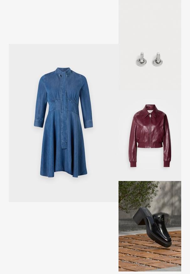 Calvin Klein Jeans CROPPED CRINKLE - Bomber-jakk - deep rouge; Denimkleit, millel on terved bodice, pikad varrukad, püstitatud krae ja laienev seelik; sisaldab nööpidega esipaneeli ja kogutud detaile.; Mustast nahast Calvin Kleini slip-on mules, millel on plokk-konts, toetub puitplaatidele õues, lähedal rohelisele taimele ja hallile seinale.; Väike paar sädelevaid hõbedasi rõngaskõrvarõngaid ümmarguse alusega, esitatud lihtsal heledal taustal.