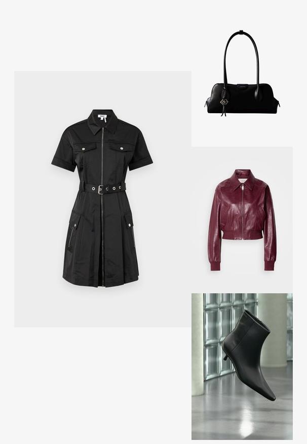 Calvin Klein Jeans CROPPED CRINKLE - Bombera - deep rouge; Čierne šaty s krátkymi rukávmi, predným zipsom, dvoma náprsními vreckami a bočnými vreckami. Obsahujú opasok s pásom a strieborné kovové akcenty.; Čierna kožená členková čižma so špicatou špičkou a nízkym kitten podpätkom, zobrazená šikmo na pozadí leštenej podlahy a steny zo sklenených blokov.; Čierna kožená kabelka Calvin Klein s dlhými rúčkami, prednou značkou s logom a strieborným geometrickým príveskom visiaci na jednej rúčke.