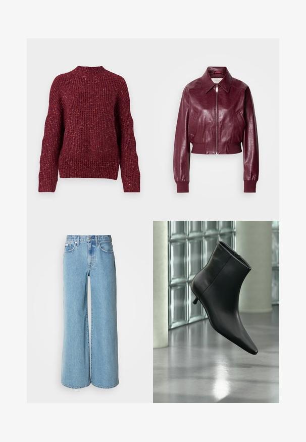 Calvin Klein Jeans CROPPED CRINKLE - Bomber-jakk - deep rouge; Sügavast burgundiast kudumine kampsun, millel on kõrge kaelus, pikad varrukad ja tekstuuriga ribade pind. Mahukas disain ja mugav lõige.; Heledad sinised laiad teksad, mis on valmistatud denimist, kõrgendatud taljega, viie tasku disainiga ja kerge pleekimisega kangal.; Mustast nahast pahkluu saabas terava varbaotsaga ja madala Kitsuki kontsaga, kuvatud nurga alt läikiva põranda ja klaasplokkseinaga taustal.