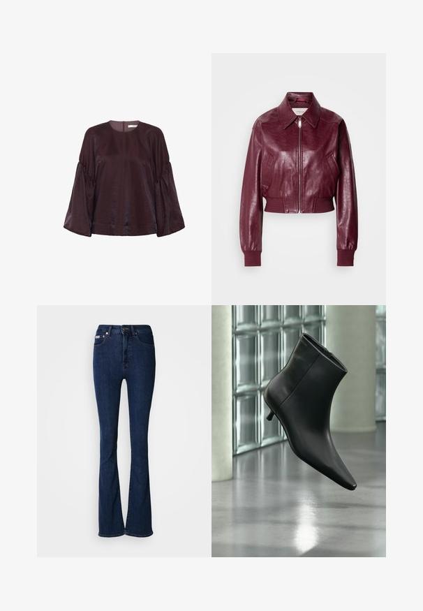 Calvin Klein Jeans CROPPED CRINKLE - Chaquetas bomber - deep rouge; Blusa burdeos de manga larga con cuello redondo, mangas fruncidas y un ligero brillo. Cuenta con un cierre de cremallera en la parte posterior.; Jeans acampanados de mezclilla en azul oscuro con tiro alto, que cuentan con cierre de cremallera, botón de cierre y detalles sutiles de costura.; Botín negro de cuero con punta puntiaguda y tacón bajo estilo kitten, mostrado en ángulo sobre un suelo pulido y con una pared de bloques de vidrio de fondo.