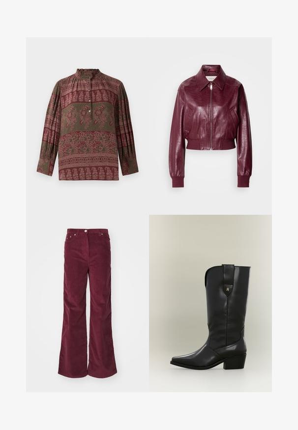 Calvin Klein Jeans CROPPED CRINKLE - Blouson Bomber - deep rouge; Chemise bordeaux à col montant, ornée de motifs floraux, en tissu texturé, avec des manches longues à détails froncés.; Pantalons en velours côtelé bordeaux à jambe large avec des coutures visibles, design à cinq poches et fermeture à bouton à l'avant. Texture douce et taille haute.; Botte de cow-boy haute en cuir noir avec bout pointu, talon épais et languette avec un petit logo doré.