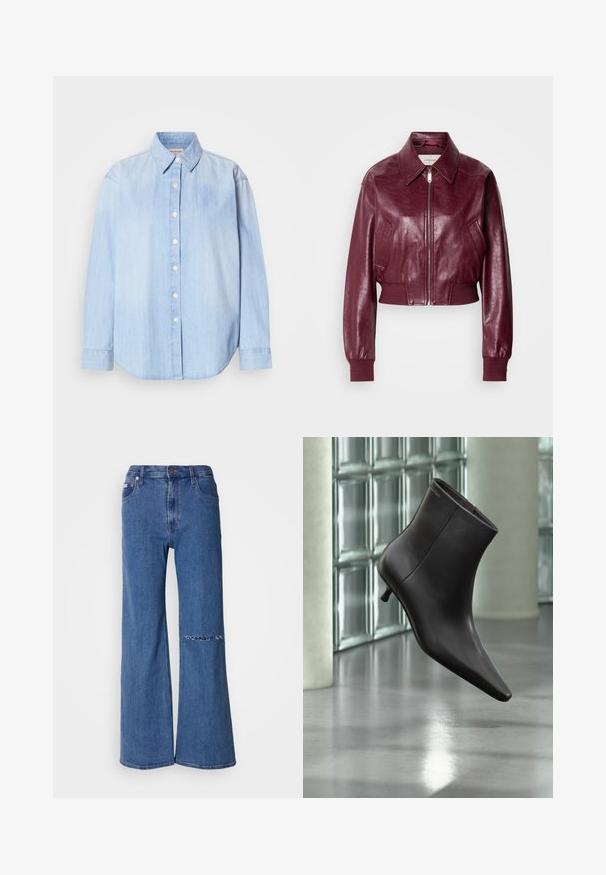 Calvin Klein Jeans CROPPED CRINKLE - Bomberjacks - deep rouge; Lichtblauwe denimshirt, lange mouwen, standaard kraag, knoopsluiting aan de voorkant, ronde zoom, zachte textuur met een lichte vervaging.; Wijduitlopende jeans in mediumblauwe denim, met een hoge taille, voorzakken en een verouderde patchdetail op de linkerknee.; Zwarte leren enkellaars met puntige neus en lage hak, afgebeeld tegen een glazen blokkenmuur en gepolijste vloer op de achtergrond.