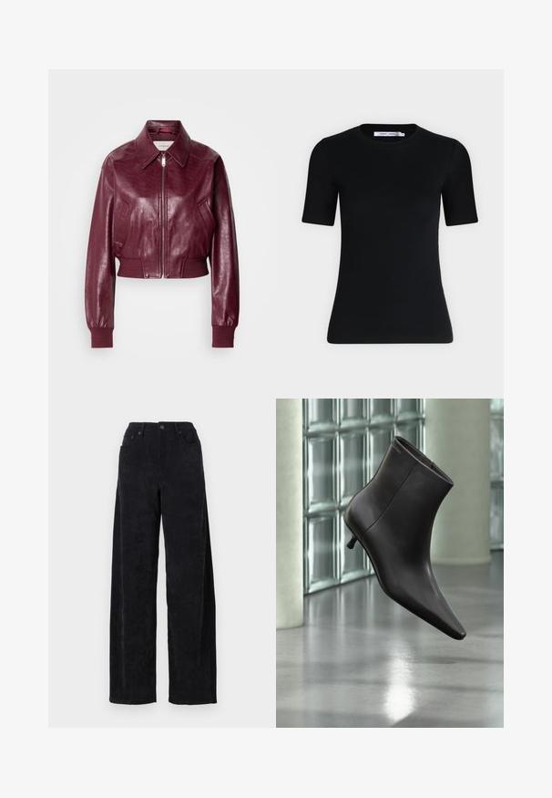 Calvin Klein Jeans CROPPED CRINKLE - Bomberjakke - deep rouge; Sort tætsiddende T-shirt med korte ærmer og rund halsudskæring, med et mærke indvendigt i kraven mod en ensartet lys baggrund.; Sorte fløjlsbukser med vid ben og høj talje, der har to forlommer og en subtil vertikal ribbet tekstur.; Sort læderankelstøvle med spids tå og lille hæl vist mod en væg af glasblokke og poleret gulv baggrund.