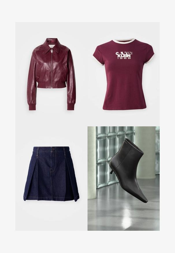 Calvin Klein Jeans CROPPED CRINKLE - Bomberjakke - deep rouge; Bordeaux kortærmet T-shirt lavet af bomuld, med en hvid rund halsudskæring og kontrastfuld logo tekst "CALVIN KLEIN 1968" på forsiden.; Mørk denimnederdel med plisseringer, knaplukning og kontrastsyninger. Enkel design med en flagrende form og midtlængde.; Sort læderankelstøvle med spids tå og lille hæl vist mod en væg af glasblokke og poleret gulv baggrund.