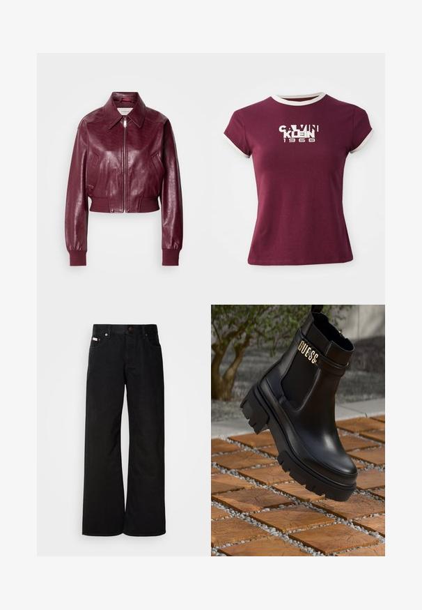 Calvin Klein Jeans CROPPED CRINKLE - Blouson Bomber - deep rouge; T-shirt bordeaux à manches courtes en coton, avec un col rond blanc et un texte de logo contrastant "CALVIN KLEIN 1968" à l'avant.; Jean large noir en coton. Présente des poches avant, une fermeture à bouton, et une texture denim classique. Design minimaliste sans motifs.; Bottine en cuir noir avec une semelle en caoutchouc épaisse, des panneaux latéraux élastiques et un accent doré avec le logo "GUESS".