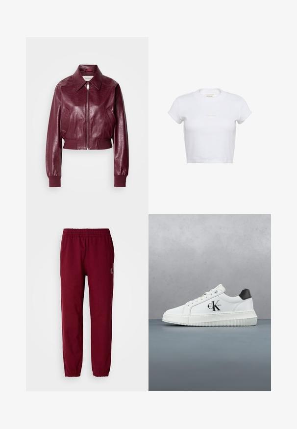 Calvin Klein Jeans CROPPED CRINKLE - Bomberjacks - deep rouge; Witte korte crop-top met korte mouwen en een geribbelde textuur. Heeft een ronde halslijn en een subtiel "Calvin Klein" logo in een lichte kleur aan de voorkant.; Bordeaux sweatpants met een elastische tailleband en enkelmanchetten. Heeft een klein geborduurd logo op het linkerbeen. Gemaakt van een zachte stof.; Witte lage sneaker met zwarte hiel tab, plateauzool, veters en Calvin Klein "CK" logo aan de zijkant.