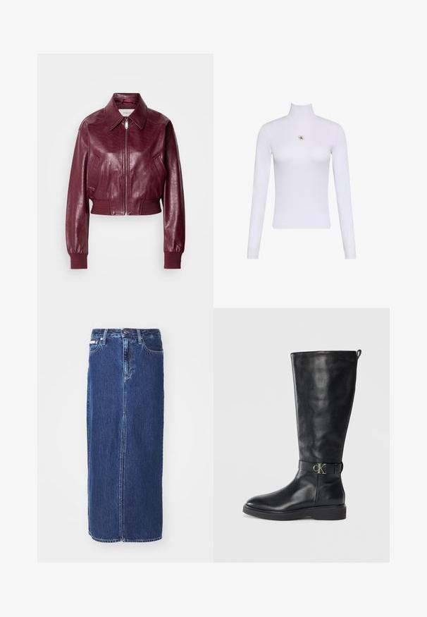 Calvin Klein Jeans CROPPED CRINKLE - Bomberjacke - deep rouge; Weißes Langarm-Turtleneck-Top mit einem kleinen Calvin Klein Logo-Patch zentral auf der Brust.; Denimrock in Dunkelblau, knielang, mit einem vorderen Schlitz, traditionellem Bund und Fünf-Taschen-Design mit kontrastierenden Nähten.; Schwarze Lederkniehohe Stiefel mit niedrigem Absatz, runder Spitze und metallischem "CK"-Logo-Riemen um den Knöchel.