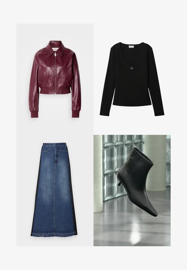 Calvin Klein Jeans CROPPED CRINKLE - Bomberjakke - deep rouge; Sort langærmet ribbet top med rund halsudskæring og lille Calvin Klein logo patch centreret på brystet.; Maxi nederdel i denim med en blå hovedfarve og sorte sidepaneler, lige pasform, frynset kant og klassisk femlomme-design.; Sort læderankelstøvle med spids tå og lav kitten-hæ, vist vinklet mod en poleret gulv- og glasblokvæg.