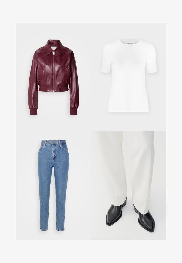 Calvin Klein Jeans CROPPED CRINKLE - Bomberjacke - deep rouge; Weißes T-Shirt mit kurzen Ärmeln und Rundhalsausschnitt, schlanker Passform und gerippter Stoffstruktur, dargestellt vor einem schlichten hellgrauen Hintergrund.; Blaue hochtaillierte gerade Jeans mit verdecktem Knopf und Reißverschluss, Gürtelschlaufen und Taschen, vor einem schlichten weißen Hintergrund präsentiert.; Schwarze spitz zulaufende Stiefeletten aus glattem Leder mit flachen Blockabsätzen, kombiniert mit weißen, weiten Hosen. Schlichtes und modernes Design.