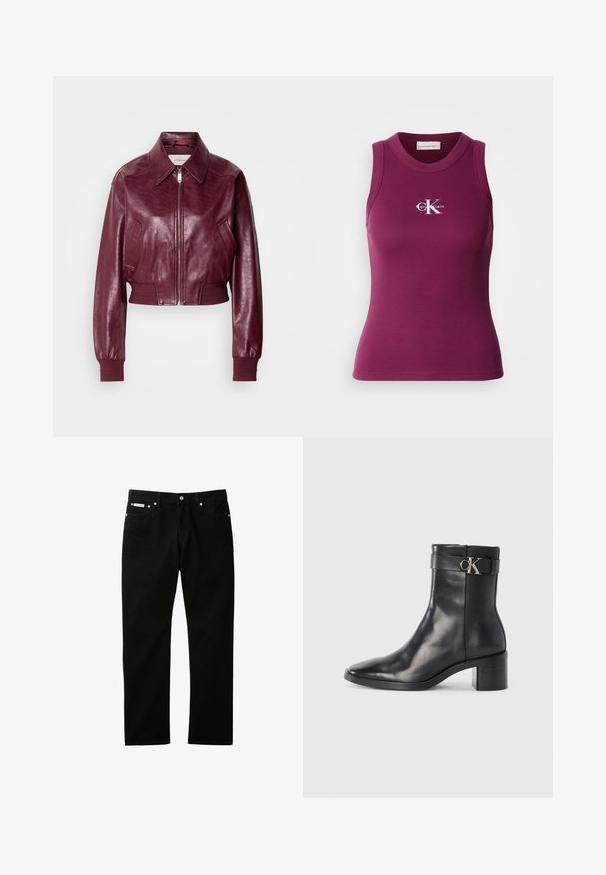 Calvin Klein Jeans CROPPED CRINKLE - Blouson Bomber - deep rouge; Débardeur moulant côtelé sans manches de couleur violet foncé avec un col rond et le logo blanc "Calvin Klein" sur la poitrine. Tissu doux avec une coupe ajustée.; Jean en denim noir à coupe droite, doté d'une fermeture par bouton et zip, de cinq poches, et d'une petite étiquette logo sur la ceinture.; Botte de cheville en cuir noir avec un bout pointu, un talon carré et une sangle avec un détail de logo métallique. Texture lisse et design minimaliste.