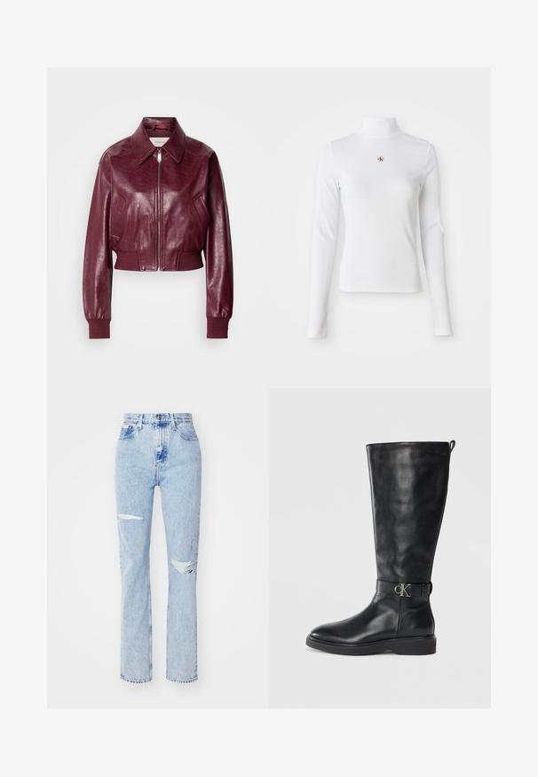 Calvin Klein Jeans CROPPED CRINKLE - Bombera - deep rouge; Dlhý rukáv, biely rolák vyrobený z ryhľovanej látky. Obsahuje malé vyšívané logo v strede. Priliehavý strih bez vzorov.; Svetlomodré vysoké džíny vyrobené z denimu, s dvoma roztrhnutiami na kolenách, rovnými nohavicami a viditeľným stehom na páse a na lemoch.; Čierne kožené čižmy po kolená s nízkym podpätkom, okrúhlou špičkou a kovovou sponou s logom "CK" okolo členku.