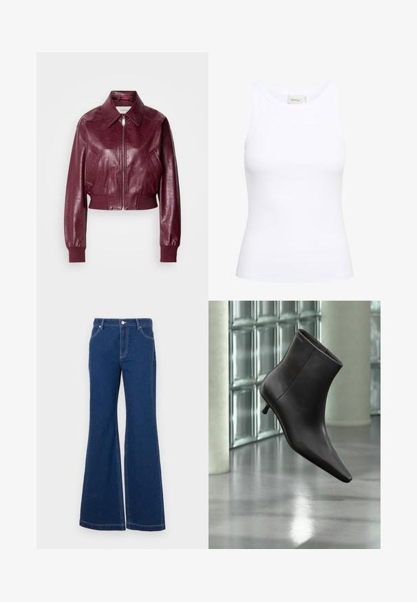 Calvin Klein Jeans CROPPED CRINKLE - Bombera - deep rouge; Biela rebrovaná tielko s okrúhlym výstrihom a bez rukávov. Elastický materiál a priliehavý strih. Ozdobná nášivka na zadnej strane znie "GESTUZ."; Tmavomodré rozšírené džínsy vyrobené z denimu. Vlastnosti zahŕňajú pútka na opasok, predné vrecká a kontrastné šitie. Široký otvor nohavíc.; Čierna kožená členková obuv s ostrou špičkou a nízkym podpätkom, zobrazená na pozadí steny zo sklenených blokov a leštenej podlahy.