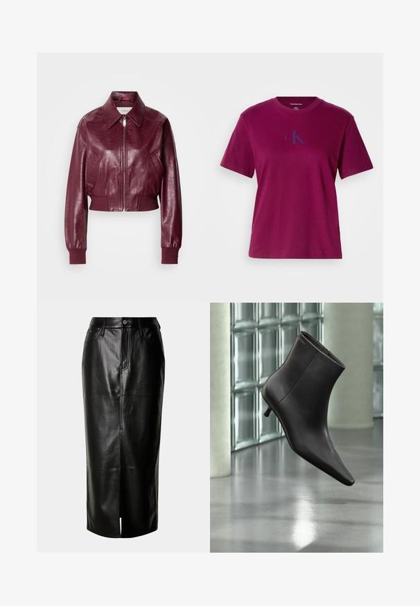 Calvin Klein Jeans CROPPED CRINKLE - Bombera - deep rouge; Magenta bavlnené tričko s okrúhlym výstrihom, krátkymi rukávmi a modrým logom na hrudi. Má voľný strih a hladkú textúru.; Čierna kožená midi sukňa so striedmym strihom, predným rozparkom a klasickým dizajnom s piatimi vreckami a kovovými detailmi.; Čierna kožená členková obuv s ostrou špičkou a nízkym podpätkom, zobrazená na pozadí steny zo sklenených blokov a leštenej podlahy.