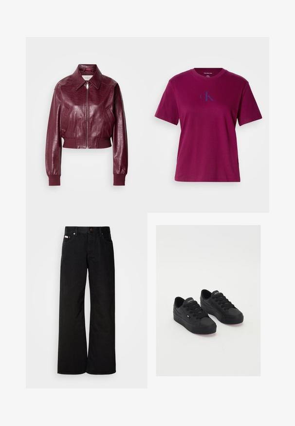 Calvin Klein Jeans CROPPED CRINKLE - Bombera - deep rouge; Magenta bavlnené tričko s okrúhlym výstrihom, krátkymi rukávmi a modrým logom na hrudi. Má voľný strih a hladkú textúru.; Čierne džínsy s širokými nohavicami vyrobené z bavlny. Majú predné vrecká, zapínanie na gombík a klasickú denimovú textúru. Minimalistický dizajn bez vzorov.; Čierne nízke tenisky vyrobené z hladkého materiálu, s hrubými šnúrkami, textúrovanou podrážkou a malým logom na boku a na jazyku.