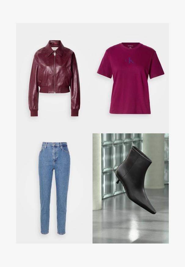 Calvin Klein Jeans CROPPED CRINKLE - Chaquetas bomber - deep rouge; Camiseta de algodón magenta con cuello redondo, mangas cortas y un logo azul en el pecho. Presenta un ajuste relajado y una textura suave.; Jeans de tiro alto rectos de color azul con botón frontal y cremallera, trabillas para cinturón y bolsillos, exhibidos sobre un fondo blanco liso.; Bota de cuero negro para el tobillo con puntera puntiaguda y tacón pequeño, exhibida frente a una pared de bloques de vidrio y un suelo pulido.